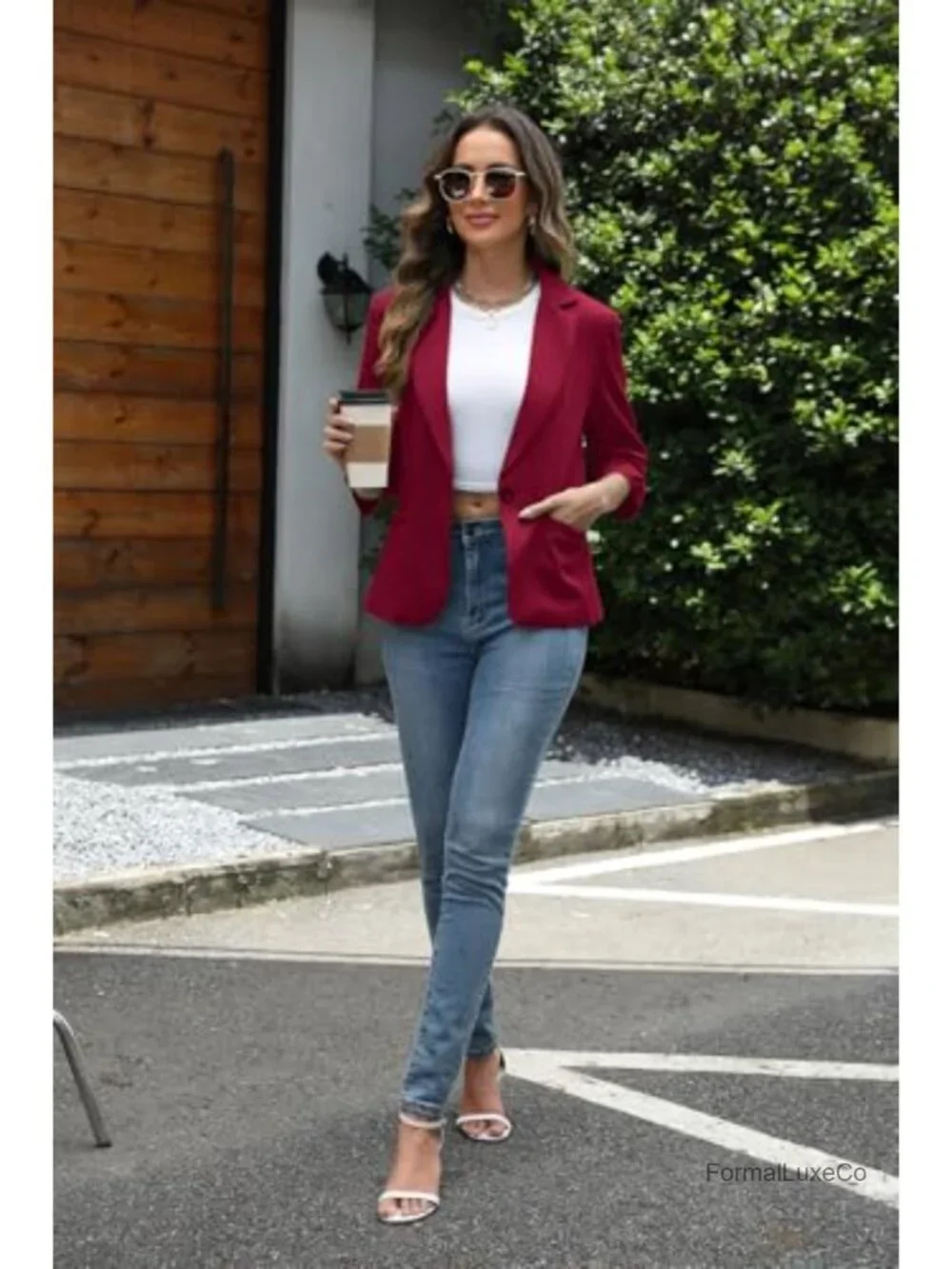 Women's Ruched 3/4 Sleeve Blazers, Lightweight Slim Fit Jacket with Padded